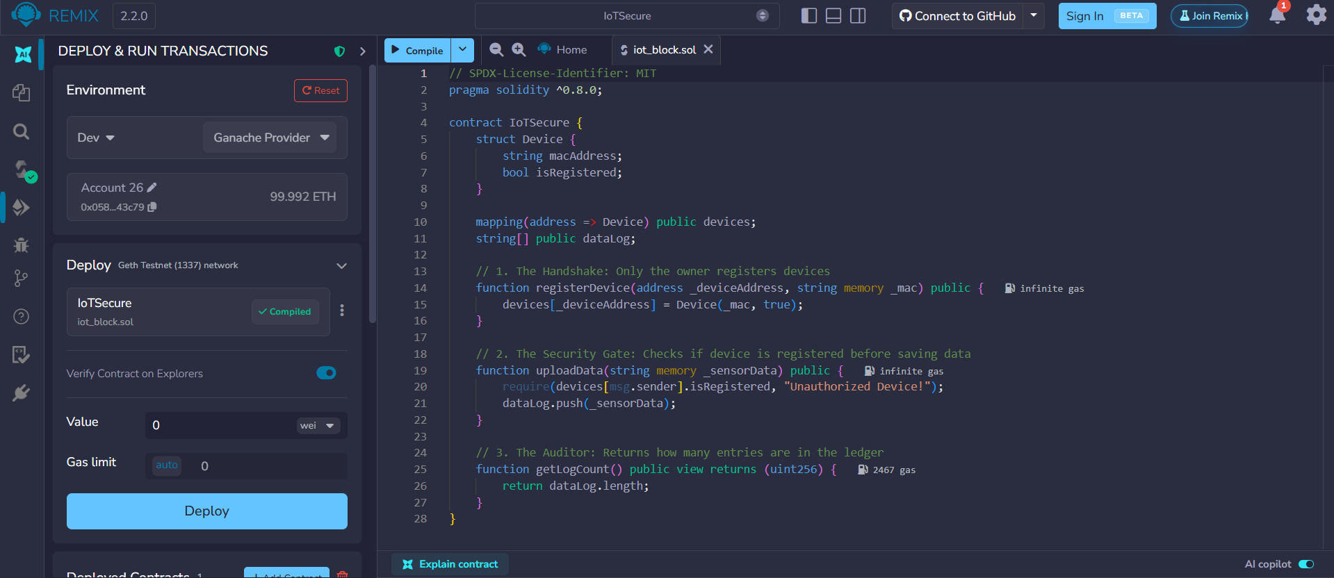 Remix IDE IoTSecure.sol